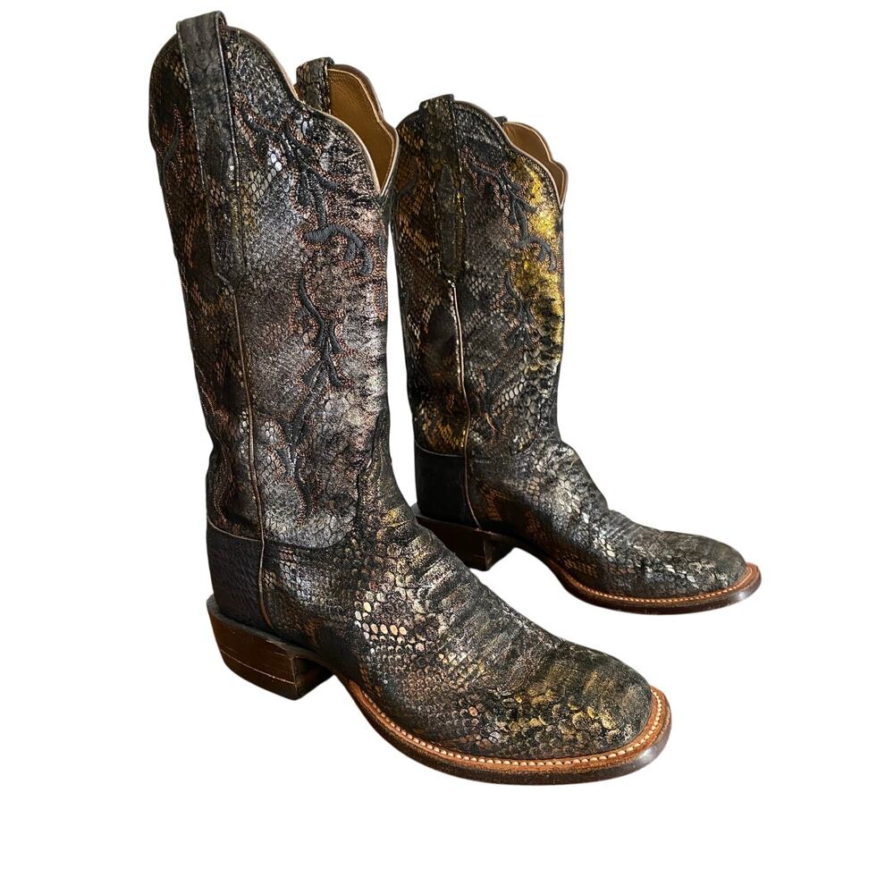 Lucchese Black Suede Metallic Python Square Toe Western‎ Boots Womens 7.5 B
